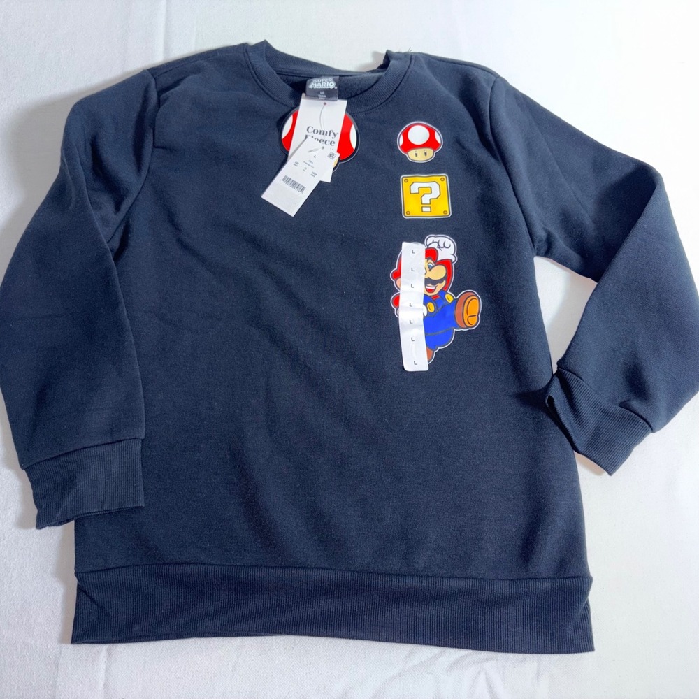 Super Mario Sweatshirt Kids Large 10/12 Black NEW Comfy Fleece Graphic Nintendo